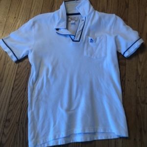 White polo shirt with blue outline